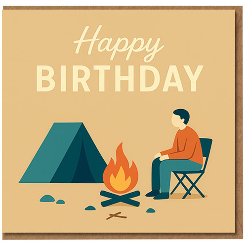 Happy Birthday Camping Card - Tent, Campfire and Camper Illustration - Outdoor Adventure Birthday Card for Campers, Hikers and Nature Lovers