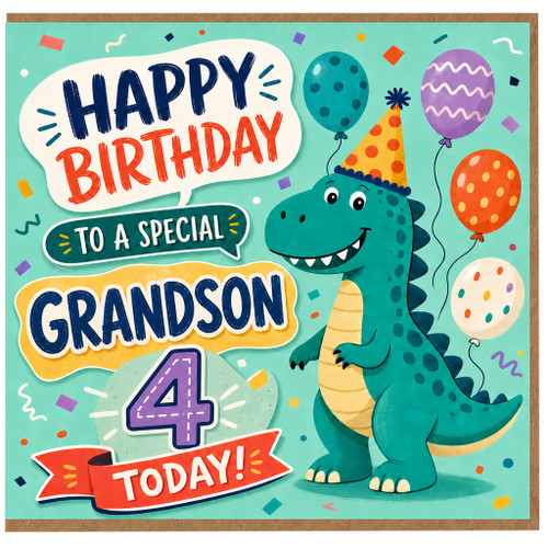 4th Birthday Card for Grandson, Dinosaur Happy Birthday to a Special Grandson 4 Today Card