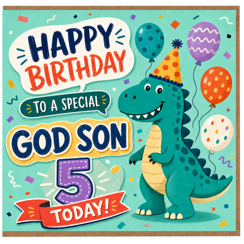 5th Birthday Card for Son, Cute Dinosaur Birthday Card, Happy Birthday to a Special God Son 5 Today