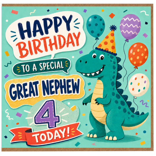 4th Birthday Card for Great Nephew, Dinosaur Happy Birthday Card