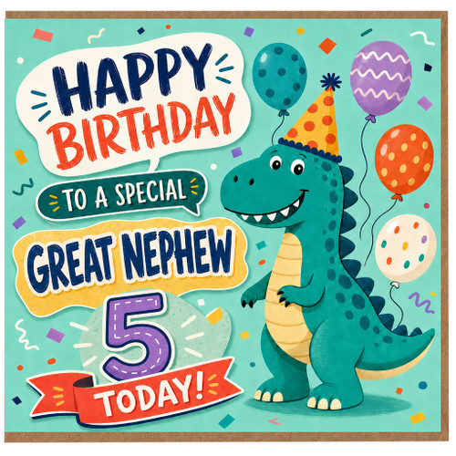 5th Birthday Card for Great Nephew, Dinosaur Happy Birthday Card