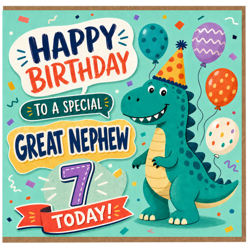 7th Birthday Card for Great Nephew, Dinosaur Birthday Card