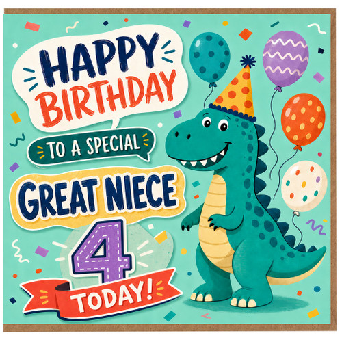 Great Niece 4th Birthday Card, Cute Dinosaur Birthday Card