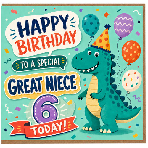 6th Birthday Card for Great Niece, Cute Dinosaur Birthday Card, Happy Birthday to a Special Great Niece 6 Today