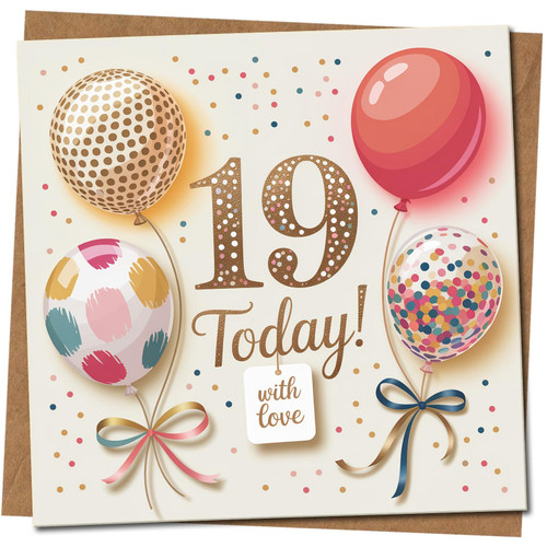 19th Birthday Card - 19 Today Balloons & Confetti -, 145mm x 145mm Square, Includes Kraft Envelope