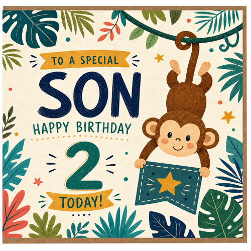 Son 2nd Birthday Card, To a Special Son Happy Birthday 2 Today Jungle Monkey Card