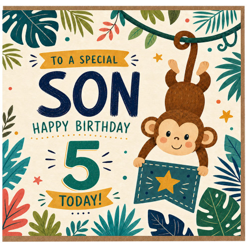 Son 5th Birthday Card, Special Son Happy Birthday Jungle Monkey Card