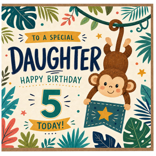 5th Birthday Card for Daughter, Cute Monkey Jungle Birthday Card