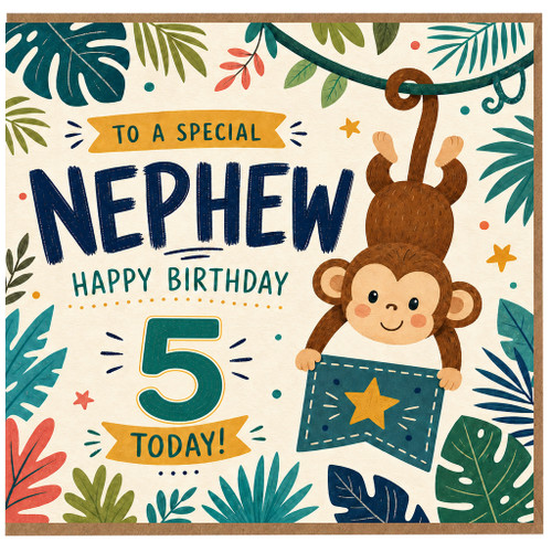 Nephew 5th Birthday Card, Cute Jungle Monkey Birthday Card
