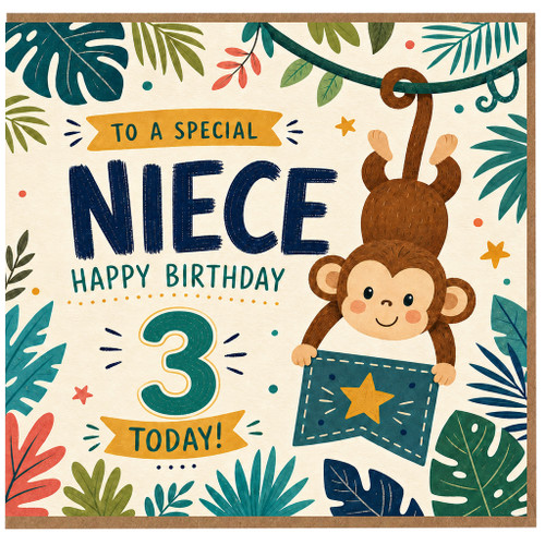 3rd Birthday Card for Niece, Cute Monkey Tropical Birthday Card