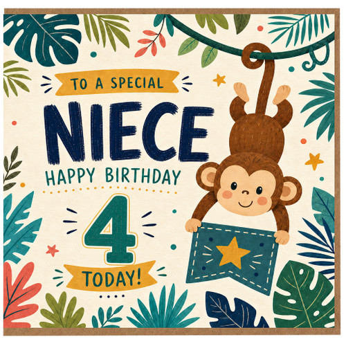 Niece 4th Birthday Card, To a Special Niece Happy Birthday 4 Today Jungle Monkey Card