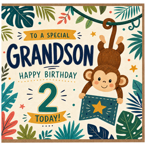 2nd Birthday Card for Grandson, Cute Monkey Jungle Birthday Card