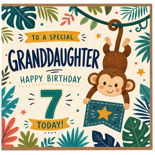 7th Birthday Card for Granddaughter, Jungle Monkey Happy Birthday Card