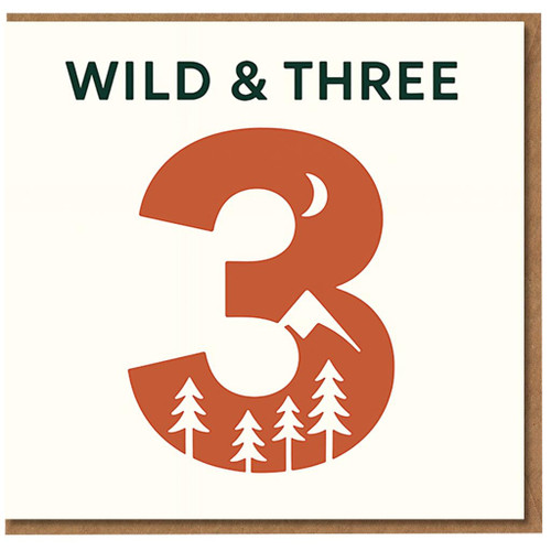 3rd Birthday Card - Wild & Three - Rustic Adventure Forest Design with Big 3, Trees, Moon & Mountain - Cute Unisex Card for 3 Year Old Boy or Girl