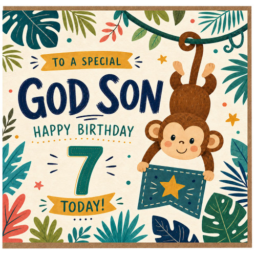 God Son 7th Birthday Card, Special Monkey Jungle Birthday Card