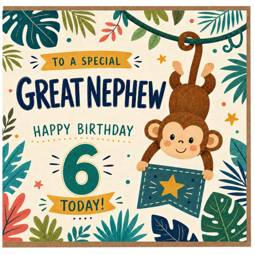 6th Birthday Card for Great Nephew, Cute Jungle Monkey Happy Birthday Card