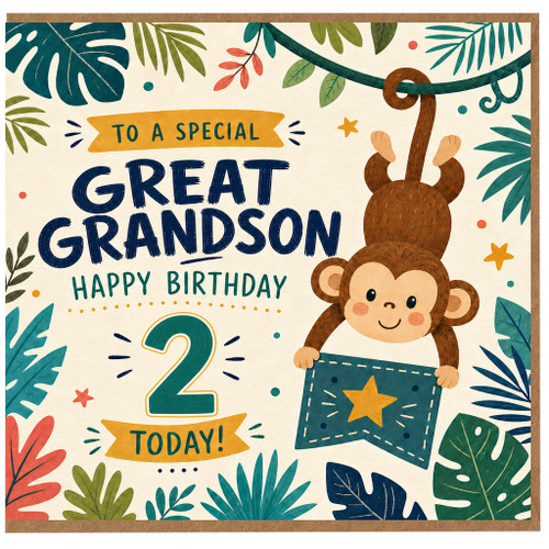 2nd Birthday Card for Great Grandson, Jungle Monkey Happy Birthday Card