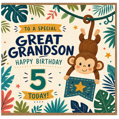 Great Grandson 5th Birthday Card, Jungle Monkey Happy Birthday Card