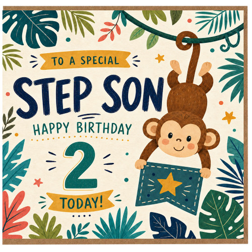 2nd Birthday Card for Step Son, Jungle Monkey Happy Birthday Card