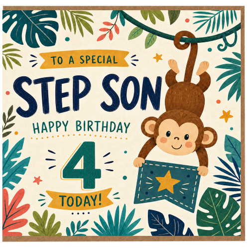 Step Son 4th Birthday Card, To a Special Step Son Happy Birthday, Monkey Jungle Design