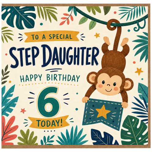 Step Daughter 6th Birthday Card, Happy Birthday to a Special Step Daughter, Jungle Monkey Design