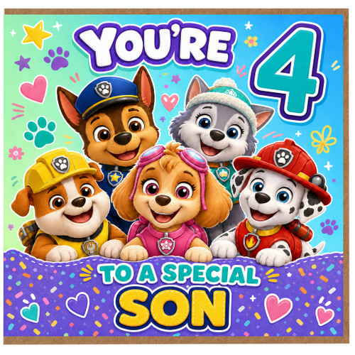 Son 4th Birthday Card, Cute Cartoon Puppies Happy 4th Birthday Card