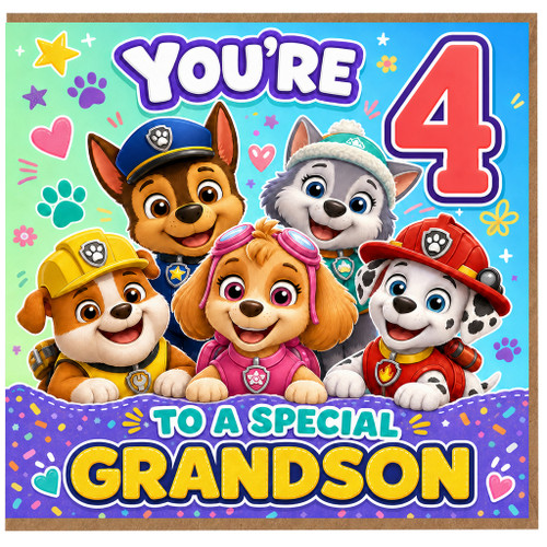 4th Birthday Grandson Card, Cute Cartoon Puppies Rescue Team Special Grandson Age 4 Birthday Card