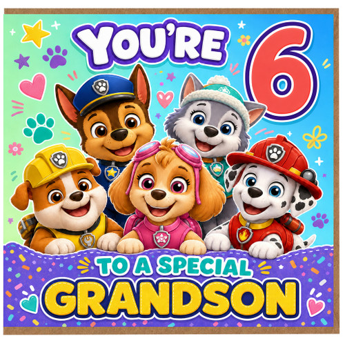 6th Birthday Card for Grandson, Cute Puppy Rescue Heroes Card