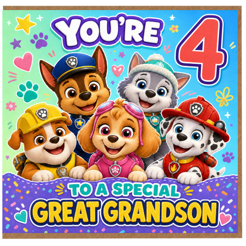 Great Grandson 4th Birthday Card, Cute Puppy Characters Card
