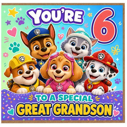 Great Grandson 6th Birthday Card, Paw Patrol Style Puppy Characters