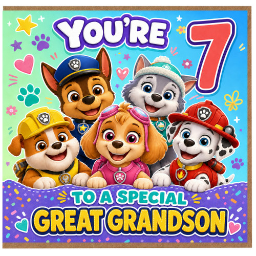 7th Birthday Card for Great Grandson, Special Puppy Character Greeting Card
