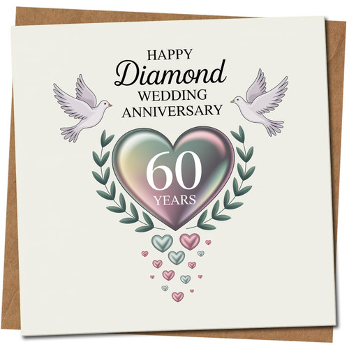 Diamond Wedding Anniversary Card 60th - Elegant Doves & Heart Design - 145mm x 145mm Square - Happy 60 Years Card for Couple, Includes Kraft Envelope