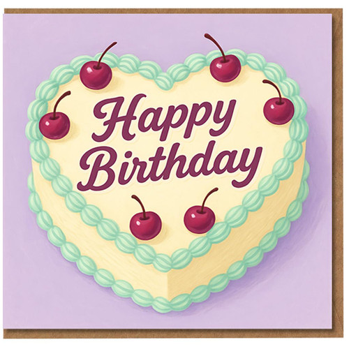 Happy Birthday Card - Heart-Shaped Cherry Cake on Lilac Background