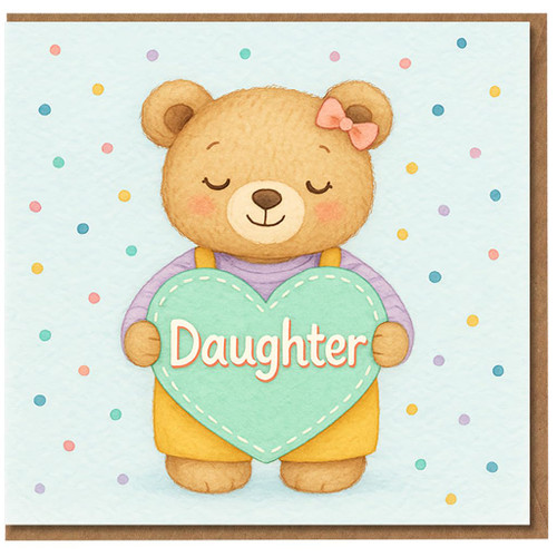 Cute Daughter Birthday Card - Teddy Bear with Pink Bow Holding Mint Heart, Pastel Polka Dots - Sweet Card for Daughter from Mum and Dad