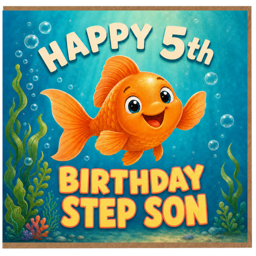 5th Birthday Step Son Card, Cute Goldfish Underwater Birthday Card