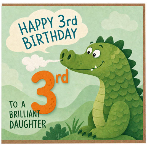 Daughter 3rd Birthday Card, Cute Dinosaur Birthday Card