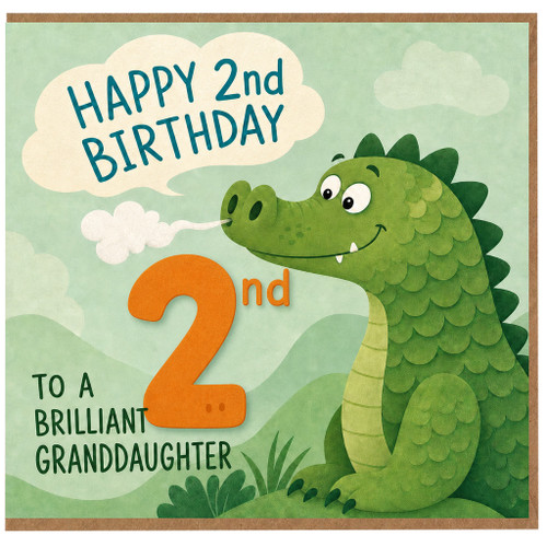 Granddaughter 2nd Birthday Card, Cute Dinosaur Birthday Card