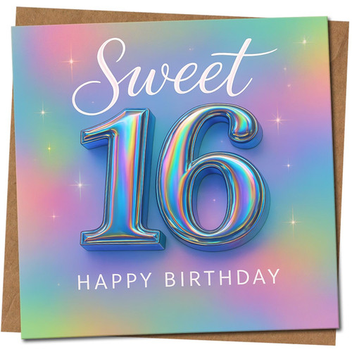 Sweet 16 Birthday Card - Rainbow Iridescent Pastel Stars Design - 145mm x 145mm Square - Happy 16th Birthday Card, Includes Kraft Envelope