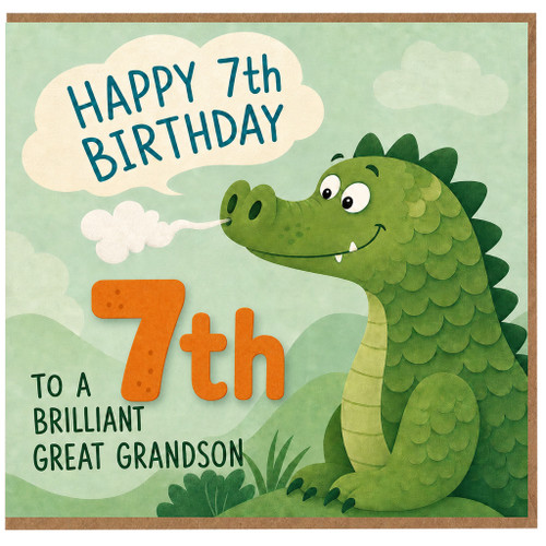 7th Birthday Card for Great Grandson, Cute Dinosaur Birthday Card
