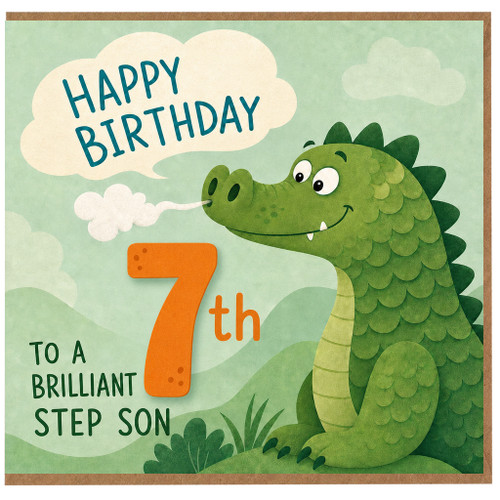 7th Birthday Card for Step Son, Cute Dinosaur Happy Birthday Card