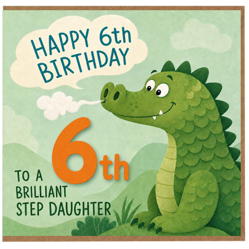 6th Birthday Card for Step Daughter, Cute Dinosaur Happy 6th Birthday Card