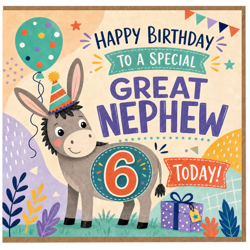 6th Birthday Card for Great Nephew, Cute Donkey Birthday Card