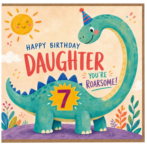 Daughter 7th Birthday Card, Roarsome Dinosaur Birthday Card