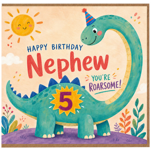 5th Birthday Card for Nephew, Dinosaur Happy Birthday Roarsome Card