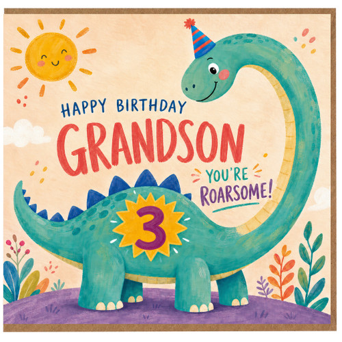 Grandson 3rd Birthday Card, Happy Birthday Roarsome Dinosaur Card