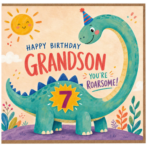 Grandson 7th Birthday Card, Happy Birthday Dinosaur Card