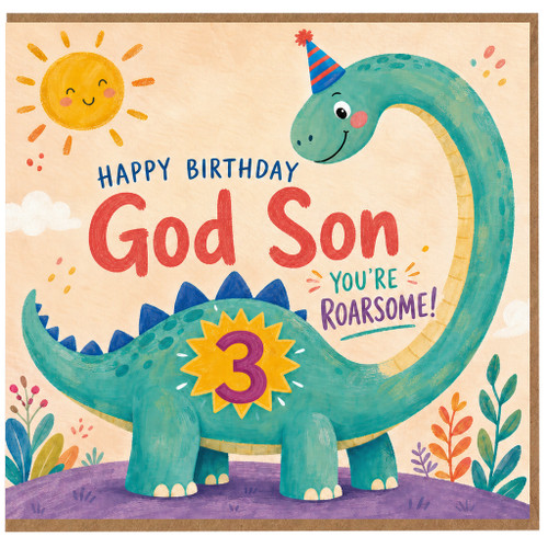 3rd Birthday Card for God Son, Roarsome Dinosaur Birthday Card