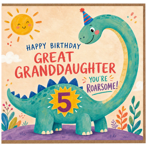 5th Birthday Card for Great Granddaughter, Happy Birthday Roarsome Dinosaur Card