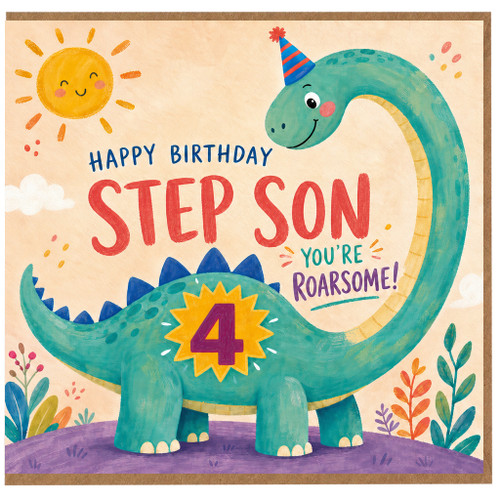 Step Son 4th Birthday Card, Roarsome Dinosaur Birthday Card