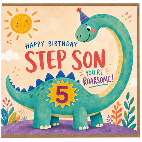 Step Son 5th Birthday Card, Roarsome Dinosaur Birthday Card